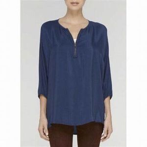 Vince zip front silk dolman sleeve blouse in rich deep marine blue